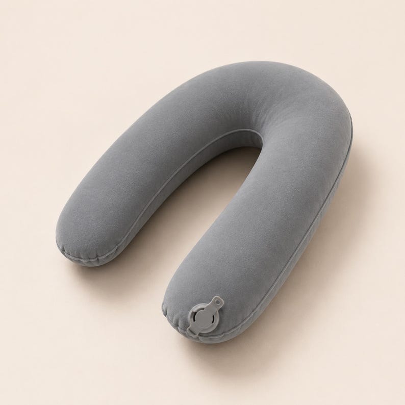 May include: A grey, inflatable travel pillow in a U-shape. The pillow has a smooth, fabric-like texture and a small, grey valve for inflation and deflation. Designed to support the neck and head during travel, it is a practical accessory.