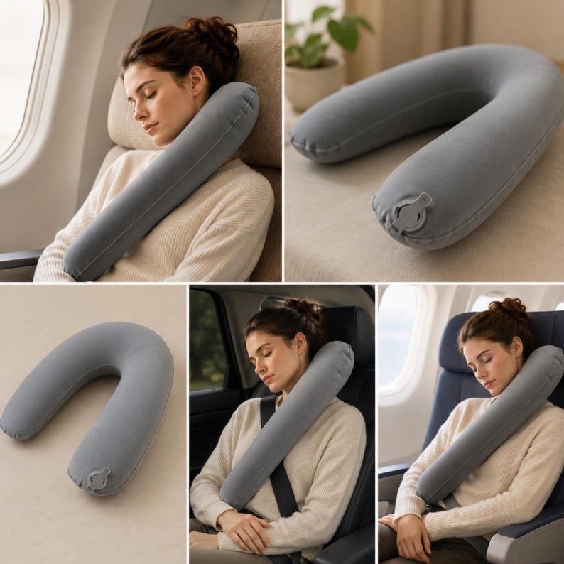 May include: A grey, inflatable travel pillow in a U-shape. The pillow is shown in multiple images, including use on an aeroplane and in a car. The pillow is designed to support the neck and head for comfortable travel. The pillow has an inflation valve.
