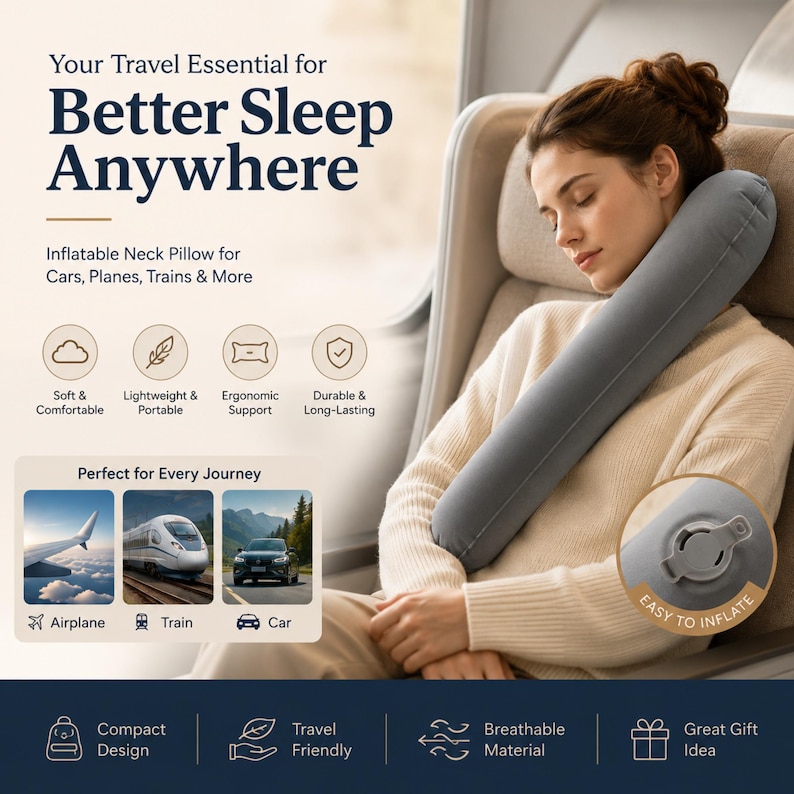 May include: A grey inflatable neck pillow, designed for travel, is around a person's neck. The image shows the pillow in use on a train. Text on the image reads "Your Travel Essential for Better Sleep Anywhere" and "Easy to Inflate."