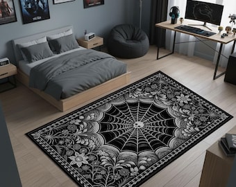 Gothic Spider Web Area Rug, Skull Halloween Carpet, Dark Academia Decor Floor Mat