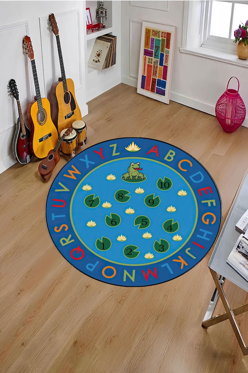 Educational ABC Round Rug, Kids Learning Playroom Carpet, Frog Lilypad ...