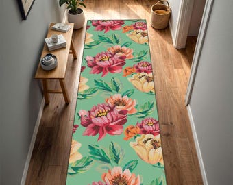 Mint Green Floral Runner Rug, Vintage Flower Hallway Runner, Cottagecore Botanical Runner Carpet, Pink Peony Long Runner Rug