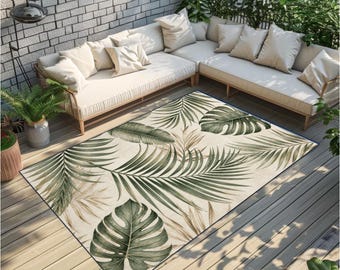 Tropical Leaf Area Rug, Botanical Boho Living Room Carpet, Monstera Palm Decor