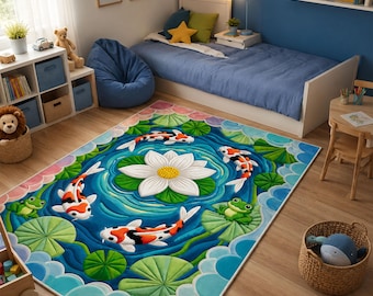 Koi Fish Pond Kids Area Rug, Frog Lily Pad Nursery Carpet, Playroom Decor Mat