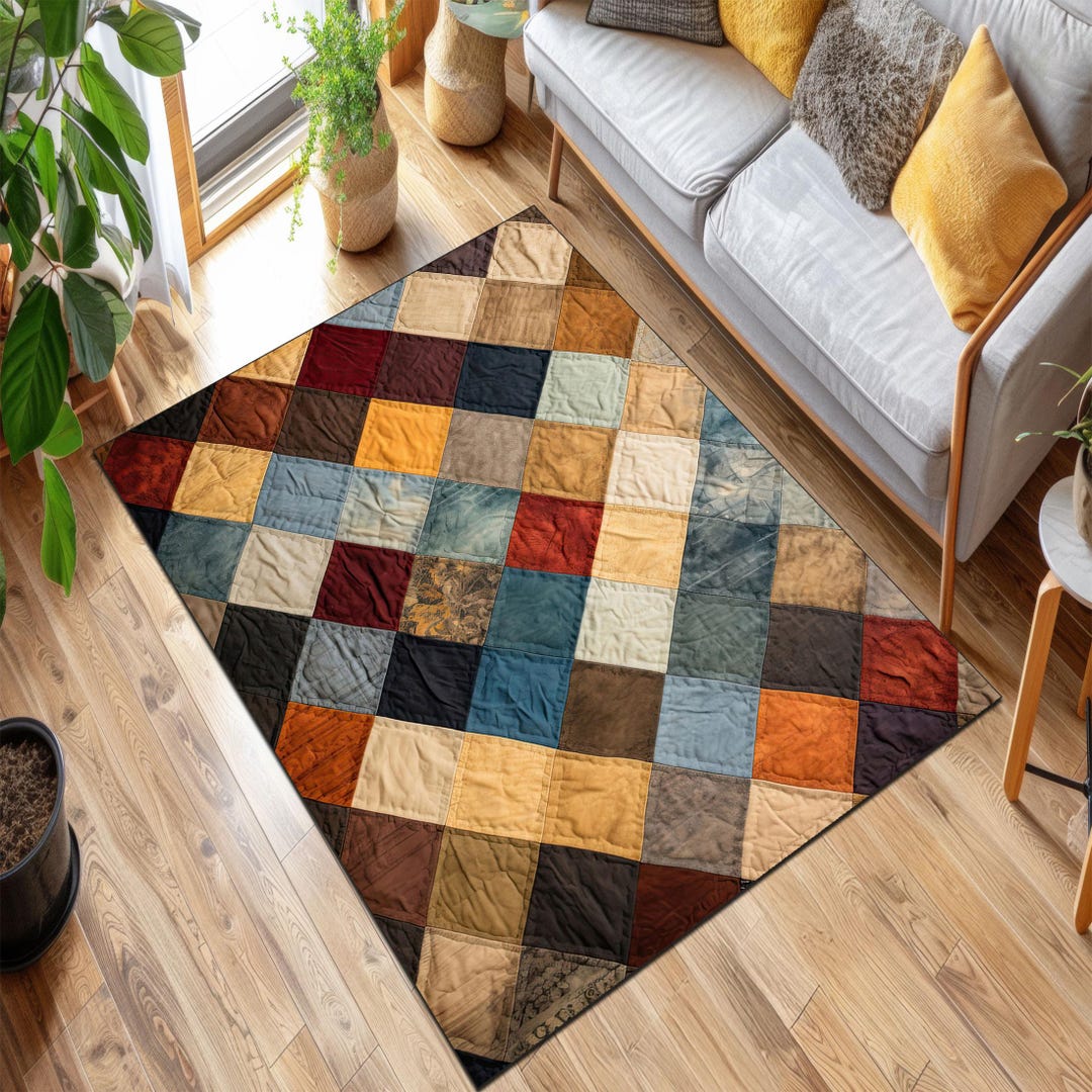 Patchwork Area Rug, Rustic Geometric Carpet, Boho Living Room Mat ...