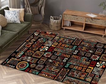 African Tribal Geometric Area Rug, Boho Afrocentric Living Room Carpet
