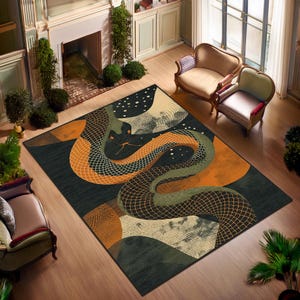 May include: A rectangular rug with a snake design. The rug has a dark background with an orange and green snake pattern. The snake has a detailed scale design and is coiled across the rug.