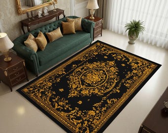Black Gold Victorian Baroque Area Rug, Elegant Floral Living Room Carpet