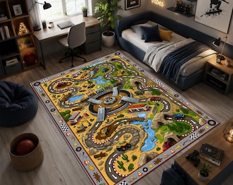 Monster Truck Race Track Rug, Kids Play Mat Rug, Construction Vehicle Carpet, Road Map Rug, Toddler Bedroom Decor, Boys Room Rug