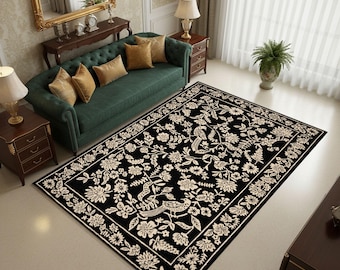Black White Floral Bird Area Rug, Botanical Cottagecore Living Room Carpet