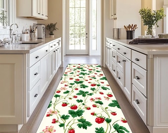 Strawberry Runner Rug, Kitchen Runner Rug, Farmhouse Kitchen Rug, Floral Runner Carpet, Cottagecore Hallway Runner, Botanical Kitchen Mat