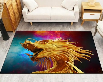 Golden Dragon Wall Art Rug, Asian Mythology Carpet, Oriental Decor, Zen Home Accent