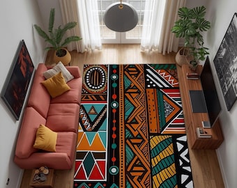 African Tribal Geometric Rug, Colorful Boho Aztec Living Room Carpet