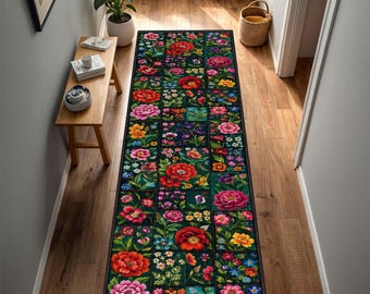 Floral Patchwork Runner Rug, Botanical Garden Carpet, Cottagecore Hallway Runner