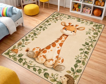 Cute Giraffe Nursery Rug, Safari Animal Kids Room Rug, Woodland Nursery Decor, Baby Girl Bedroom Carpet, Jungle Animal Playroom Rug