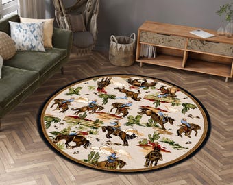 Rodeo Horse Round Area Rug, Western Cowboy Ranch Decor, Washable Non-Slip Carpet
