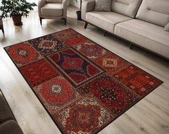 Vintage Patchwork Area Rug, Turkish Kilim Style Carpet, Traditional Oriental Design Rug, Boho Living Room Decor Rug