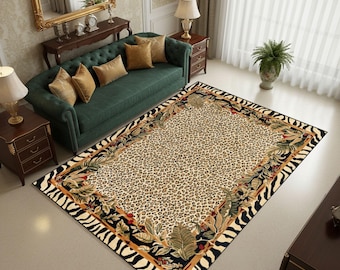Leopard Print Area Rug, Safari Jungle Living Room Carpet, Exotic Zebra Border Decor