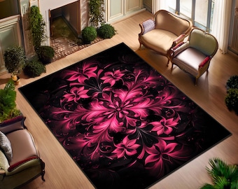 Pink Floral Abstract Area Rug, Modern Black Living Room Carpet, Statement Home Decor