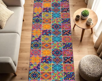 Colorful Talavera Tile Runner Rug, Mexican Folk Art Hallway Carpet