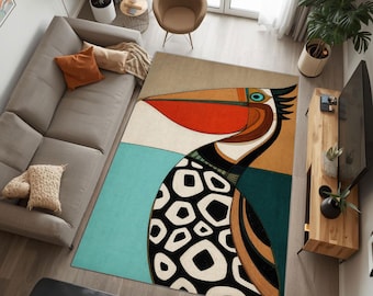 Modern Toucan Area Rug, Mid Century Abstract Bird Carpet, Tropical Boho Living Room Decor