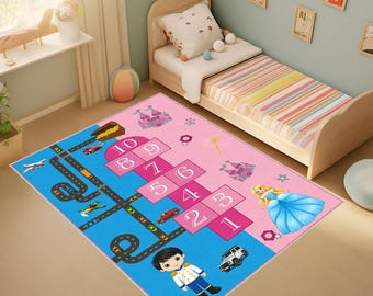 Princess & Race Car Hopscotch Rug, Kids Playroom Carpet, Boy Girl Shared Bedroom Rug, Road Track Play Mat