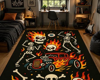 Hot Rod Skull Rug, Gothic Area Rug, Skeleton Carpet for Teen Bedroom, Gamer Room Decor, Flame Rug, Vintage Muscle Car Room Decor