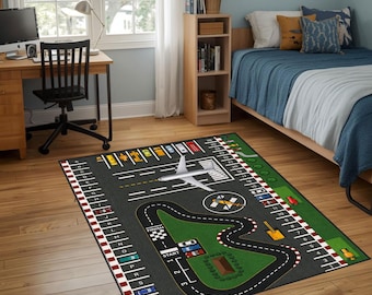 Kids Airport Play Rug, Airplane Runway Carpet, Transportation Play Mat, Airport Adventure Nursery Rug, Vehicle Road Playroom Decor
