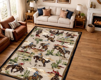 Western Cowboy Rodeo Horse Area Rug, Rustic Ranch Decor, Living Room Carpet