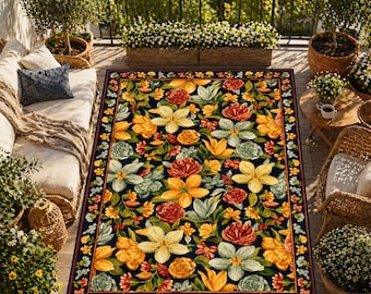 Vintage Floral Area Rug, Cottagecore Flower Carpet, Botanical Garden Rug, Colorful Bloom Living Room Decor, Nature Rug