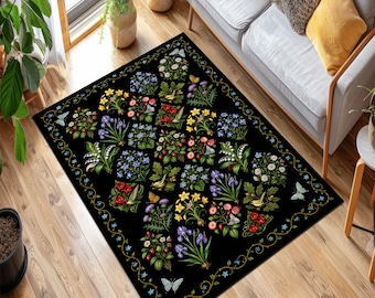 Vintage Floral Area Rug, Botanical Cottagecore Carpet, Black Wildflower Garden Rug (Digital Print)