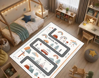 Boho Road Map Kids Rug, Nursery Play Mat, Dream Big Little One Carpet, Woodland Adventure Rug, Neutral Kids Room Decor