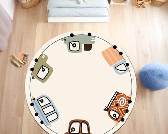 Round Kids Car Rug, Minimalist Vehicle Play Mat, Nursery Floor Rug, Toddler Bedroom Decor, Neutral Transportation Carpet