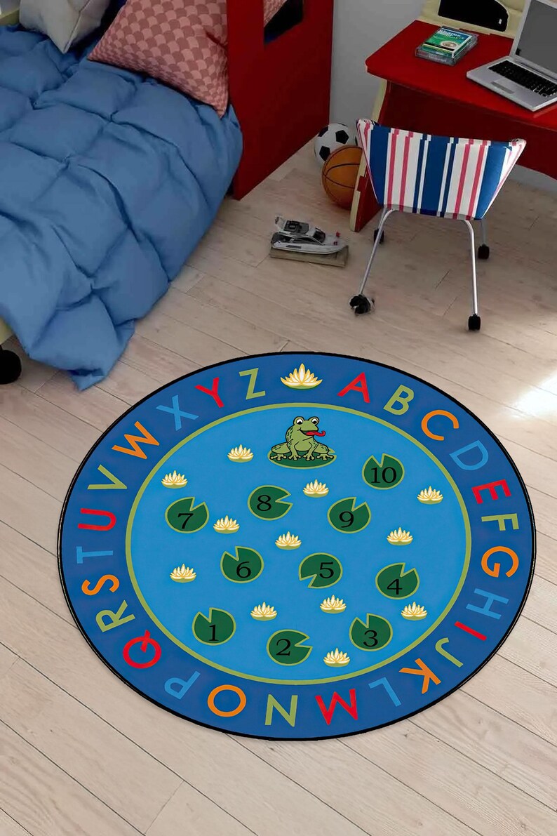 Educational ABC Round Rug, Kids Learning Playroom Carpet, Frog Lilypad ...