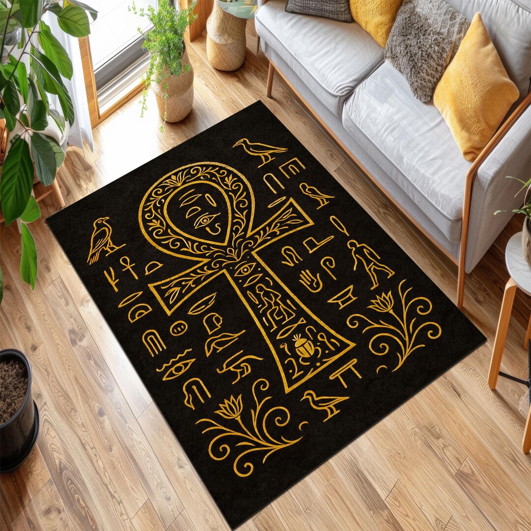 Egyptian Ankh Area Rug, Black Gold Hieroglyphic Carpet, Spiritual Boho ...