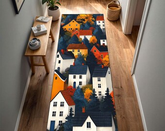 Village House Runner Rug, Scandinavian Town Runner, Nordic Hallway Rug, Modern Kitchen Runner, Cozy Cottage Decor, Long Entryway Runner