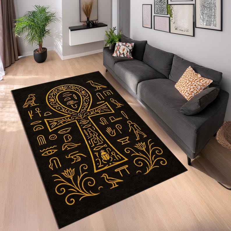 Egyptian Ankh Area Rug, Black Gold Hieroglyphic Carpet, Spiritual Boho ...