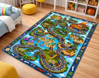 Kids Adventure Island Road Rug, Race Track Play Mat, Dinosaur Volcano Pirate Treasure Map Rug, Toddler Playroom Carpet Gift