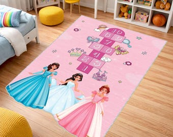 Princess Hopscotch Rug, Girls Playroom Carpet, Pink Princess Bedroom Rug, Fairy Tale Kids Room Decor, Princess Game Play Mat