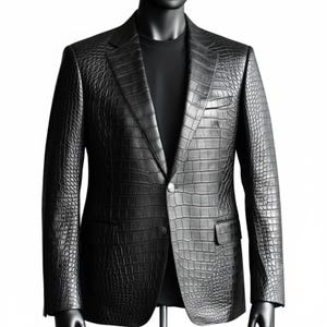 May include: A black blazer with a crocodile skin texture. The single-breasted jacket has a notched lapel, a two-button closure, and two front pockets. The blazer is displayed on a mannequin.