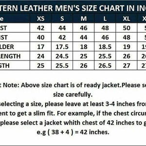May include: A Western leather jacket size chart in inches, featuring a table with columns for sizes XS through XXXL and rows for chest, waist, shoulder, sleeve length, and total length. Includes text instructions on selecting a size for a slim fit.