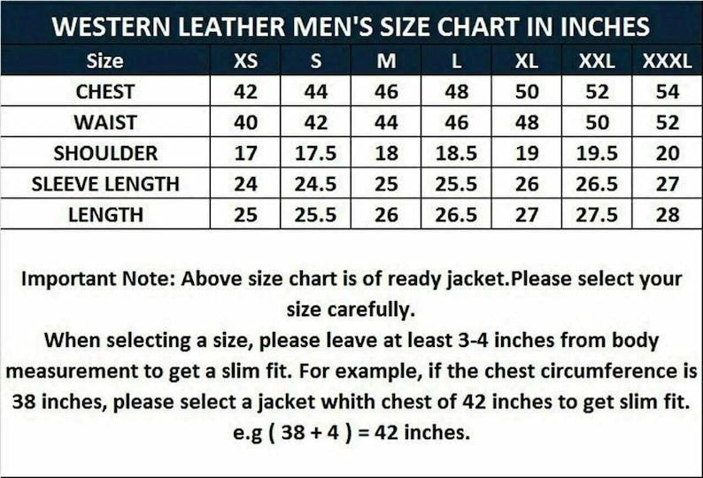 May include: A Western leather jacket size chart in inches, featuring a table with columns for sizes XS through XXXL and rows for chest, waist, shoulder, sleeve length, and total length. Includes text instructions on selecting a size for a slim fit.