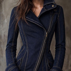 Könnte beinhalten: Dunkelblaue Jeansjacke mit diagonalem Reißverschluss und Reverskragen. Die Jacke hat goldfarbene Nähte und eine taillierte Silhouette. Die Ärmel haben geknöpfte Manschetten und Taschen auf der Vorderseite.