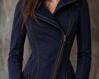 Vintage Washed Denim Moto Jacket  Edge Women’s Cropped Biker Jean Jacket Streetwear
