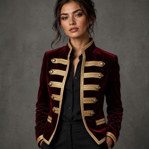 Puede incluir: Una chaqueta de terciopelo color burdeos intenso con cuello alto y mangas largas. La parte delantera está adornada con ribetes trenzados dorados horizontales y botones metálicos de estilo militar. Los puños y el dobladillo tienen ribetes dorados.