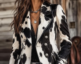 May include: A double-breasted blazer featuring a black and white cow print pattern, notched lapels, and silver-toned metallic buttons. The garment includes long sleeves with buttoned cuffs and is worn over a black top with layered silver necklaces.