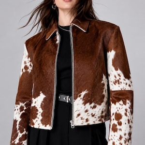 Women's Genuine Cowhide Leather Jacket Cowhide Leather Jacket with Real Cow Hair —Women Natural Genuine Pony Hair on Cowhide Jacket image 1