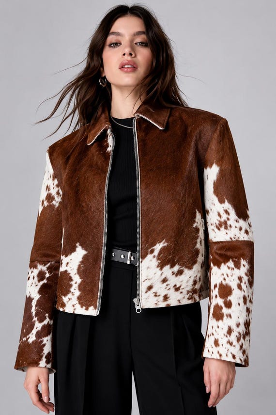 Women's Genuine Cowhide Leather Jacket  Cowhide Leather Jacket with Real Cow Hair —Women Natural Genuine Pony Hair on Cowhide Jacket