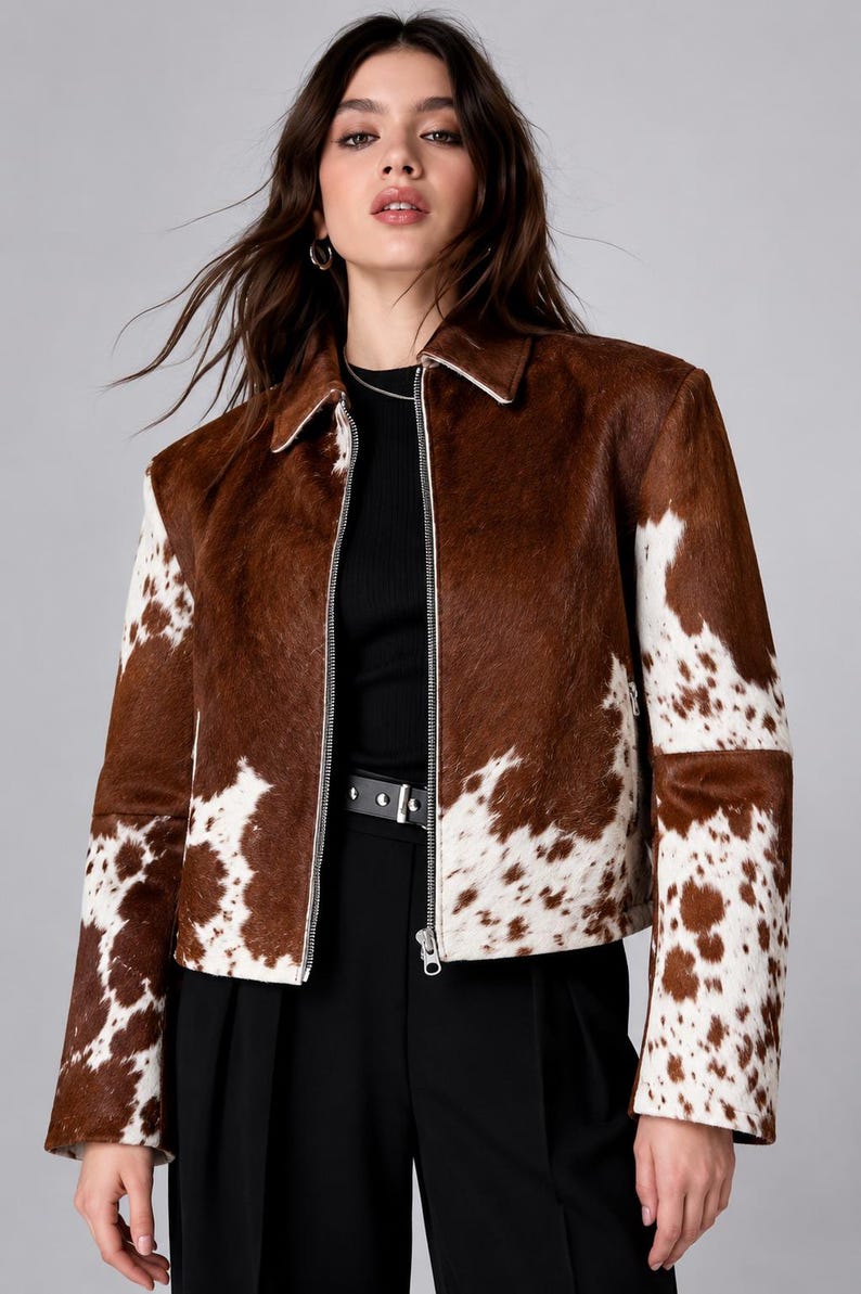 Women's Genuine Cowhide Leather Jacket Cowhide Leather Jacket with Real Cow Hair —Women Natural Genuine Pony Hair on Cowhide Jacket image 1