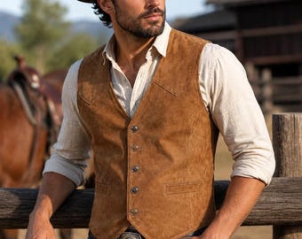 May include: A brown suede vest with five silver-toned buttons, worn over a light beige long-sleeved button-down shirt, paired with blue denim jeans, a brown leather belt with a large metallic buckle, and a dark brown felt cowboy hat.